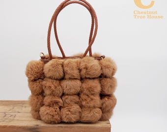 Women's Authentic Rabbit Coney Fur Pompom Handbag  – Vintage Luxury Accessory