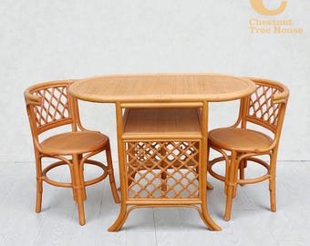Vintage Mid Century Wicker & Cane Compact Table and Chair Dining Set