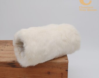 Authentieke handwarmer sjaal dames St Bernhard of London crème konijnenbont – luxe vintage accessoire