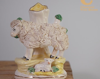 Antique Victorian 5 1/2" Staffordshire Spill Vase Sheep & Lamb c1850s