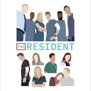 Puede incluir: Un diseño gráfico con un grupo de personas con vestimenta médica. La palabra "THE" está en un cuadro rojo y "RESIDENT" en letras turquesas. La imagen tiene un fondo blanco.