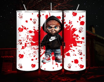 Peut inclure: Trois gobelets en acier inoxydable blancs avec un motif de projection rouge et une empreinte de main. Le gobelet du milieu présente un personnage de dessin animé portant un sweat-shirt à capuche noir, un bandana rouge et un logo Nike. Le personnage a une expression effrayante.