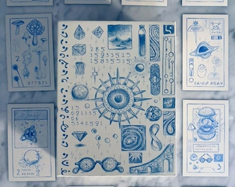 May include: A blue and white illustrated card with a variety of symbols, including an eye, a diamond, a key, and a pair of glasses. The card also features numbers, including 285, 35233515, 15835535, 15, 691335, 66, 5342521. The card has a white background and blue illustrations.