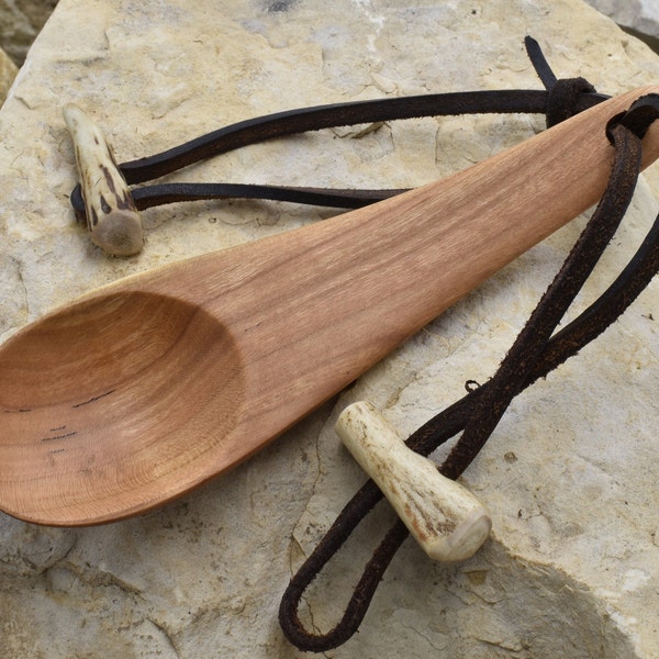 Hand Carved Nordic Style Camping Spoon With Lether Lanyard And Antler Toggles, Holds 1.5 Heaping Tbsp..