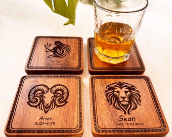 Laser Cut Wood Coasters, Zodiac Coasters,Modern Wood Coasters,Custom Wood Coasters,Unique Gift,Square/round Wood Drink Coasters set of 2,4,6