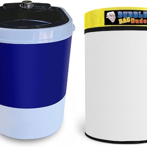 May include: A portable washing machine with a blue and white exterior, and a black top. Next to it is a white cylindrical bag with a yellow top, and the text "BUBBLE BAG Dude" is printed on the yellow top.
