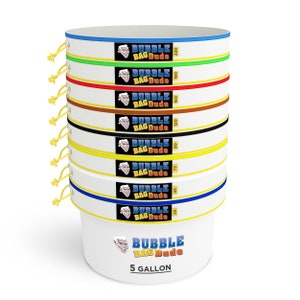 May include: A white 5-gallon bucket with a black and yellow logo that says "Bubble Bag Dude". The bucket has a series of colourful rings around it, each with a different size printed on it, ranging from 25 to 220.