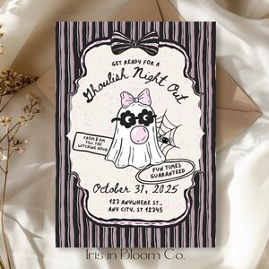 May include: A Halloween invitation card with a ghost illustration wearing glasses and a bow. The card features the text "Ghoulish Night Out" and event details, including the date, time, and location. The design includes a spider web and a black and white striped border.