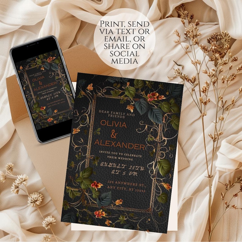 Enchanted Midnight Blooms Gothic Wedding Invitation Template: Dark Floral, Moody Romance image 3