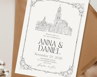 Plantilla de invitación de boda dibujada a mano / Invitación editable de Canva con borde / Elegante invitación de boda imprimible (descarga digital)