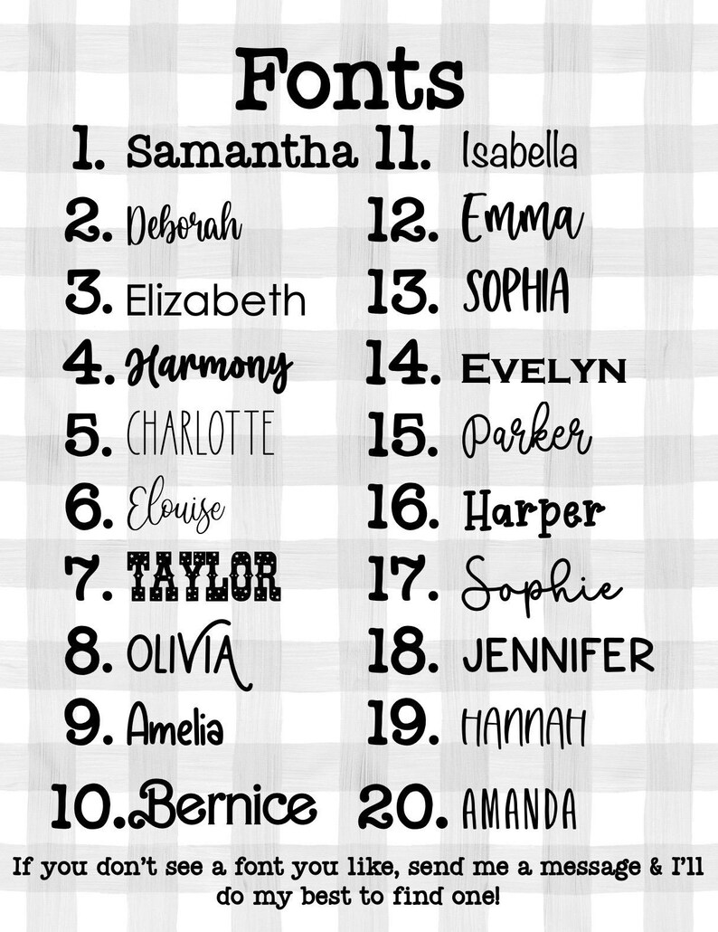 May include: A list of 20 different font styles, each with a unique name, displayed on a white and gray checkered background. The word "Fonts" is at the top. The text "If you don't see a font you like, send me a message & I'll do my best to find one!" is at the bottom.