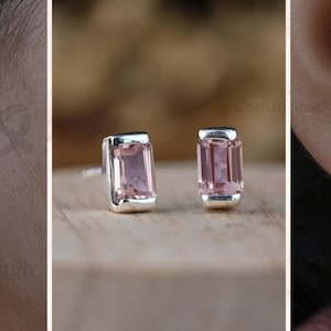 Small Morganite Studs Earring 925 Sterling Silver Minimalist Stud Earrings For Women Baguette 4x6mm Birthstone Earrings Gift For Her