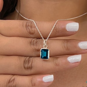 Dainty London Blue Topaz Pendant Necklace, 14k Gold Vermeil Sterling Silver, Emerlad Cut Topaz Pendant, November Birthstone Gift For Her