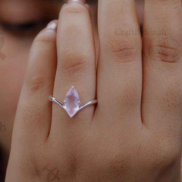 Marquise rozenkwartsring, 6 x 12 solitaire edelsteen, 925 zilver en 14 kt goudvermeil, handgemaakte romantische roze steen voorstelring voor vriendin