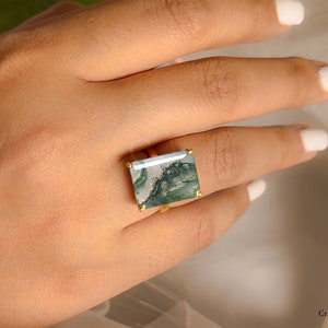 Anillo rectangular grande de ágata musgosa, oro vermeil de 14 k, ágata musgosa verde natural, corte esmeralda, plata maciza 925, cristal curativo, corte esmeralda.