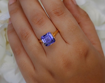 Spinel Tanzanite Asscher Cut 10mm Ring, Six Prong Solitaire Ring, 14k Gold Vermeil Sterling Silver Square Stone Ring Gift For Her, Bold Ring