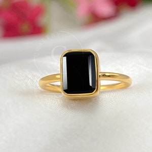 Bague taille émeraude en onyx noir, bague en pierre fine taille onyx, argent sterling 925 ou or rempli, bague unisexe solide mariage fiançailles pour femmes