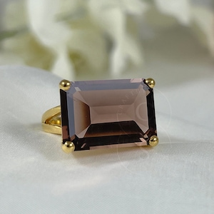 Smoky Quartz Statement Ring, 13 x 18 Emerald Cut Smoky Ring, 925 Solid Silver or 14k Gold Vermeil Brown Stone Ring, Rectangle Ring, Mom Gift