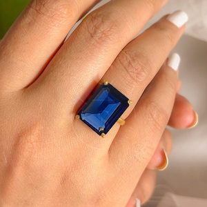 Large Sapphire Silver Ring, Emerald Cut 12 x 16 Statement Ring, Solid Handmade, Gold Vermeil , Women Statement Ring November Birthstone Gift