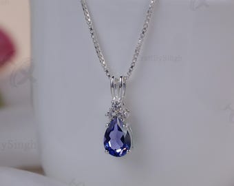 Fancy Tanzanite Pear Necklace 7x10mm AAA Diamond Accent Pendant Women Solitaire Necklace, Bridal Necklace, Women Pear Pendant Gift For Her,