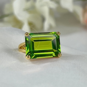 Large Peridot Ring, Emerald Cut Cocktail Ring, Solid Silver 14k Gold Vermeil Ring, August Birthstone, Statement Ring, Unisex East West Ring