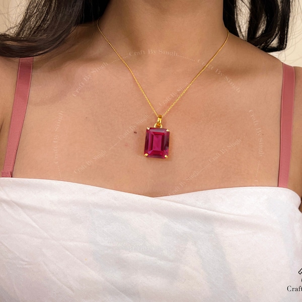 Extra Large Rubellite Pendant, 18 x 23 mm Emerald Cut Rectangle, Sterling Silver or 14k Gold , Handmade Pink Gemstone, Birthday Gift for MOM