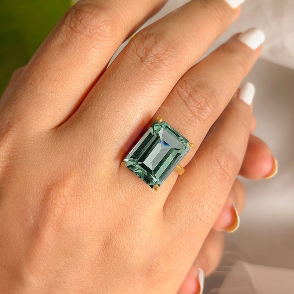 Anillo grande de amatista verde, prasiolita de talla esmeralda de 30,5 x 40,6 cm, plata de ley maciza 925, oro vermeil de 14 k, regalo para mamá.