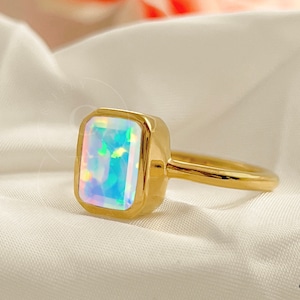 Ethiopian Opal Ring, Emerald Cut Opal Ring, 14k Gold Vermeil Or Silver, Engagement Ring, Bridesmaid Ring, Dainty Minimalist Handmade