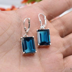 London Blue Topaz Earrings, Emerald Cut 10 x 14 Lever back Dangle Drop Earrings, 925 Sterling Silver or 14k Gold Vermeil, Women Handmade