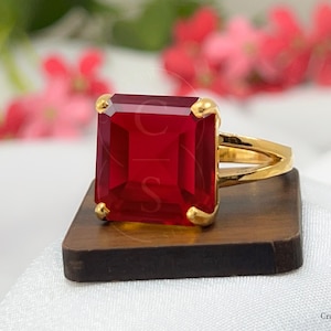 Ruby Statement Ring, Large 16mm Square Cut Ring, 925 Sterling Silver, 14k Gold, Women Handmade Ring, July Birthstone Cocktail Solitaire Ring