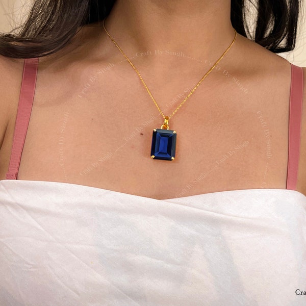 Extra Large Sapphire Pendant Necklace 14k Gold Or 925 Silver, 38ct Emerald Cut 18 x 23 Dark Blue Sapphire, September Birthstone Gift for Her