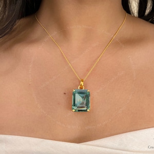 Prasiolite Emerald Cut Pendant Necklace, Large Green Amethyst Rectangular 18 x 23mm, Women Statement Necklace, 14k Gold Vermeil 925 Silver