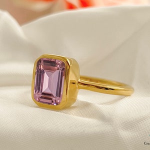 Peach Morganite Emerald Cut Solitaire Ring, 925 Silver, 14k Gold Vermeil, Wedding Engagement Ring, Handmade Mothers Day Gift, Women Ring
