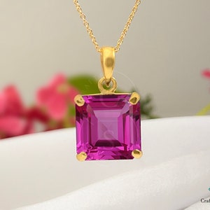 Collana con pendente quadrato in tormalina rosa, collana lunga in oro, collana con solitario rosa, argento 925 o oro vermeil 14k, regalo per lei