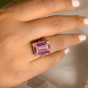 Emerald Cut Morganite Ring, Solid 925 Silver or 14k Gold Vermeil , Rectangular 12 x 16 mm Pink  Morganite Statement Wedding Engagement Ring