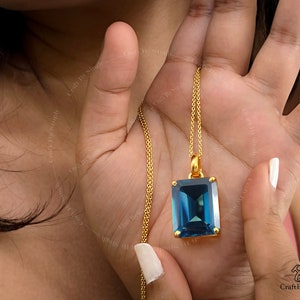 London Blue Topaz Statement Pendant, 14k Gold Or 925 Silver, 38ct Emerald Cut 18x23mm, Blue Stone Pendant, Wedding Anniversary Spacial Gift