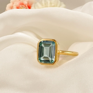 Green Amethyst Ring, Solitaire Prasiolite Ring, Emerald Cut Amethyst Bezel Set, 14k Gold Vermeil or 925 Silver, Mothers Gift, Women Ring
