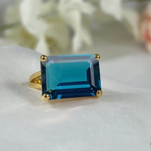 Large London Blue Topaz Ring, Octagon Topaz Ring, 14k Gold Or 925 Silver, 13 x 18 Rectangle Blue Topaz Women Ring, Bold Statement Ring