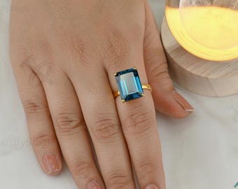 London Blue Topaz 12 x 16 Emerald Cut Ring, 925 Sterling Silver or 14k Gold Vermeil, Cocktail Ring, Statement Women Ring, Mothers Day Gift