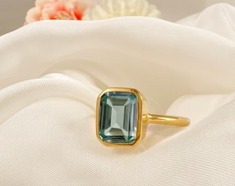 Green Amethyst Ring, Solitaire Prasiolite Ring, Emerald Cut Amethyst Bezel Set, 14k Gold Vermeil or 925 Silver, Mothers Gift, Women Ring