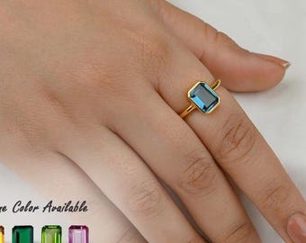 London Blue Topaz Ring,925 Sterling Silver or 14k Gold Vermeil, Emerald Cut Rectangle, Bezel Set Solid Daily Wear, Women Ring Rose Gold Gift