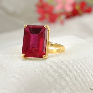 Stunning Ruby Ring, Rectangle Ring, 925 Silver 14k Gold Vermeil, Handmade Ring, Emerald Cut Ruby Ring, 12 x 16 mm Prong Set, Women Ring
