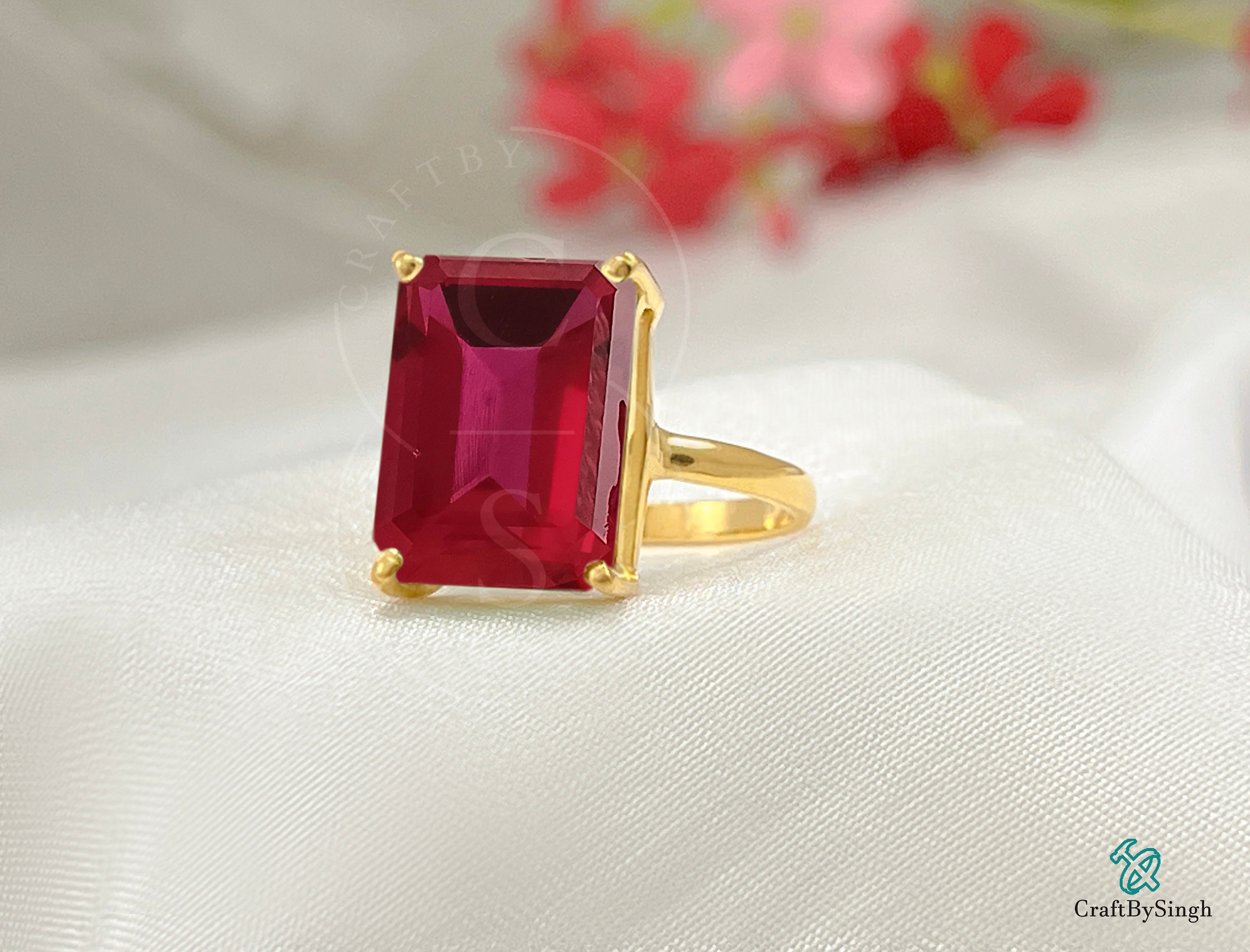 Superbe Bague Cocktail En Or 18 Carats Avec Rubis 8x5mm - Occasion - Taille 54