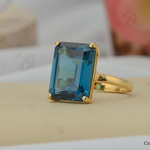 Anillo de topacio azul Londres de talla esmeralda de 12 x 16, en plata de ley 925 o bañado en oro de 14 k, ideal como anillo de cóctel, para mujer, regalo para el Día de la Madre.