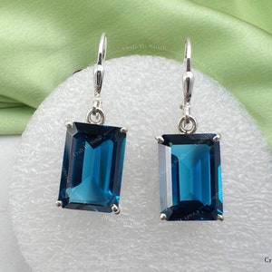 London Blue Topaz Earrings, Emerald Cut 10 x 14 Leverback Dangle Drop Earrings, 925 Sterling Silver or 14k Gold Fill, Women Handmade