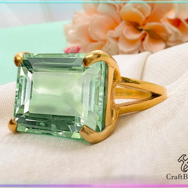 Large Prasiolite 14k Gold Ring, Green Amethyst Emerald Cut 13 x 18 Statement Ring, Cocktail Ring, 925 Solid Silver Rose Gold Gemini Gift Her