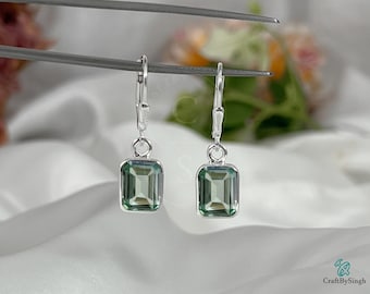 Orecchini pendenti in oro vermeil 14k con ametista verde, orecchini a monachella con castone taglio smeraldo 7x9, argento sterling 925, regalo di anniversario