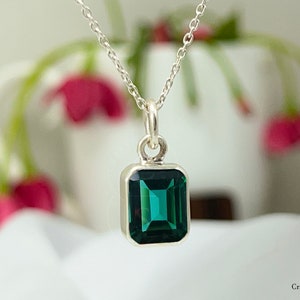 Delicate Teal Sapphire Emerald Cut Pendant Necklace, Blue Green Sapphire 14k Gold Vermeil Silver Women Minimalist Gift September Birthstone