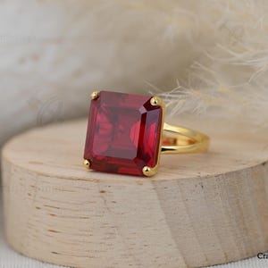 Rubin Statement-ring, stor 16 mm fyrkantig ring, 925 sterlingsilver, 14k guld, handgjord ring för kvinnor, juli födelsesten cocktail solitaire-ring