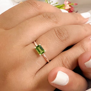 Tiny Peridot Ring, Baguette Peridot Ring, 14k Gold Vermeil or Sterling Silver, Dainty Thin Stacking August Birthstone, Solitaire Women Ring